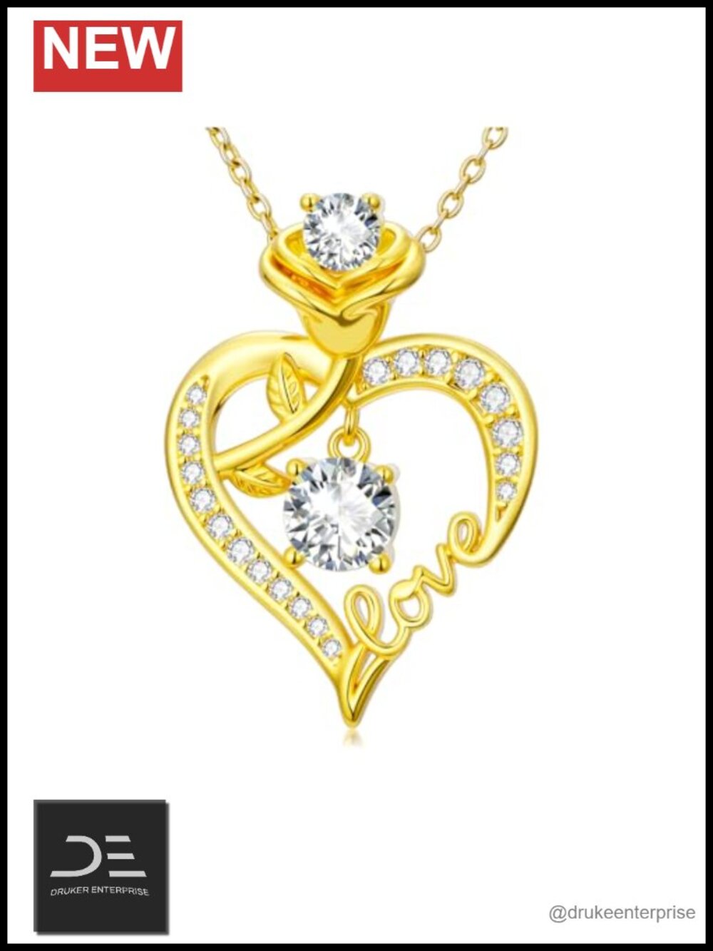 14K Gold Plated Heart Rose Pendant Necklace CZ Cubic Zirconia Gift for Her